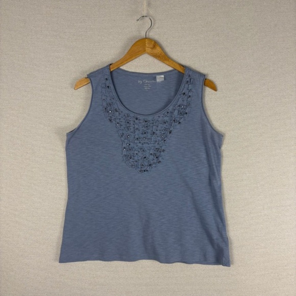 Chicos Top Womens 1/M Blue Slub Cotton Sleeveless Tank Beaded Coastal Preppy
